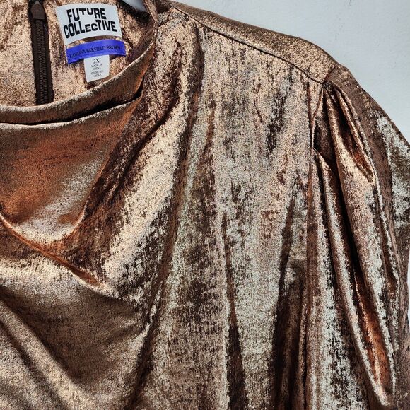 Future Collective Metallic Blouse Size 2X Puff Shoulder Futuristic Holiday Glam - Picture 4 of 15